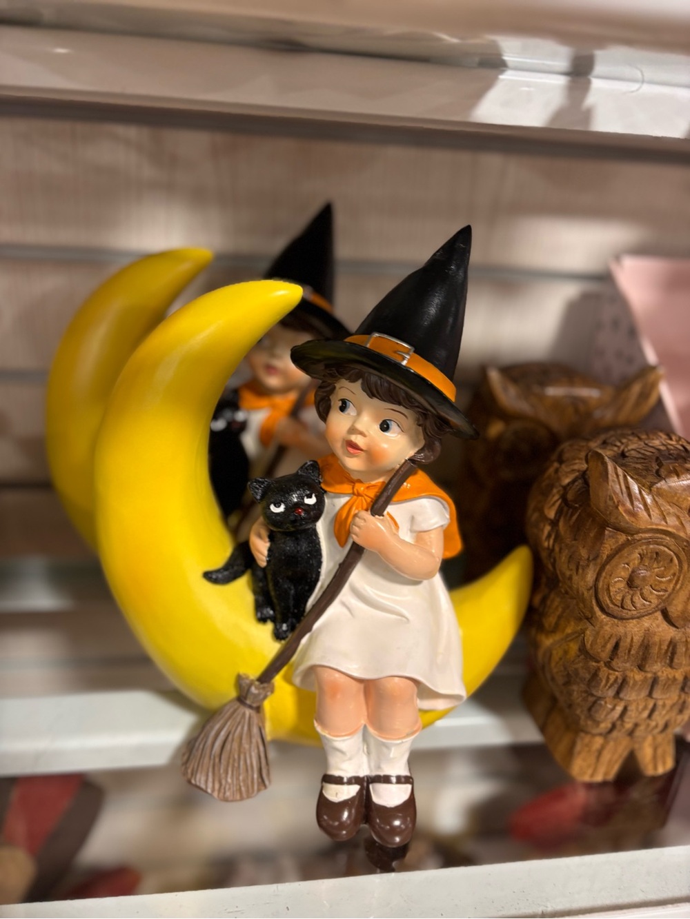 Cute Halloween Witch Figurine with Black Cat on Yellow Moon